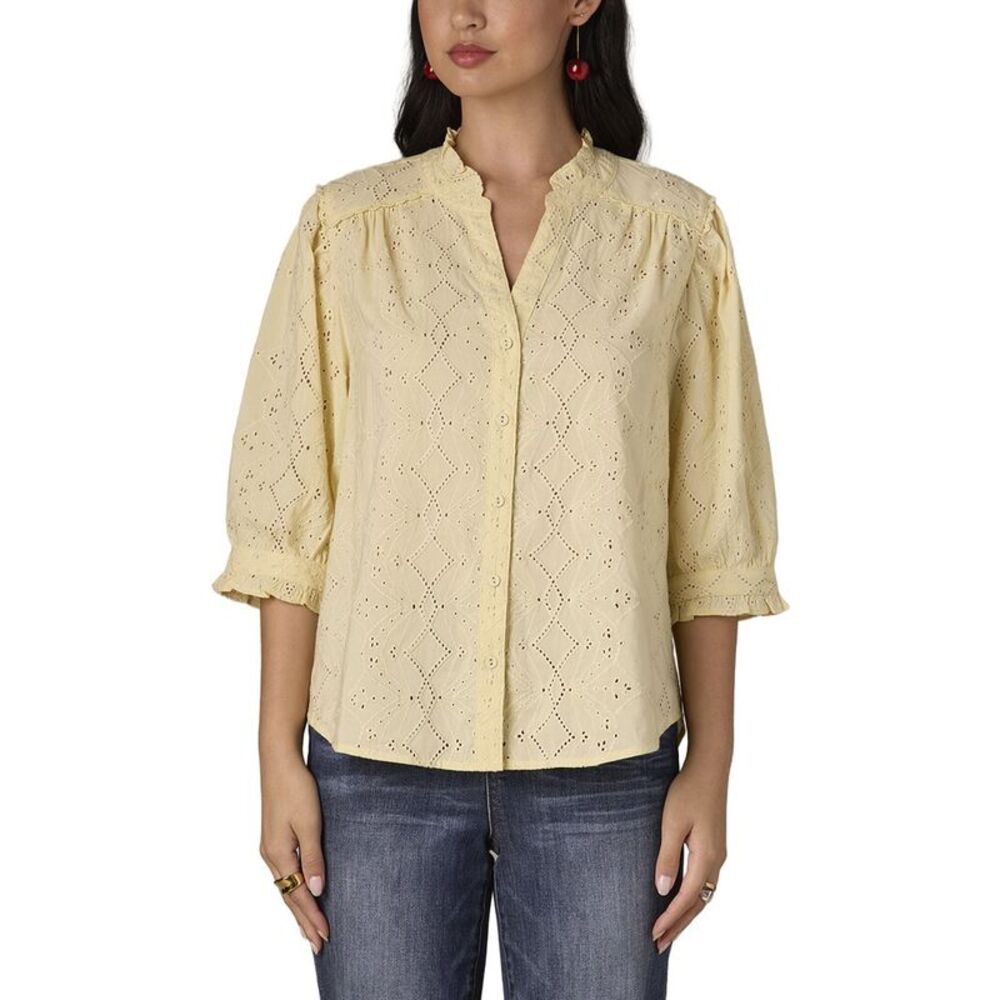 Wit & Wisdom Womens  Ruffle Woven Button Down Top, Beige